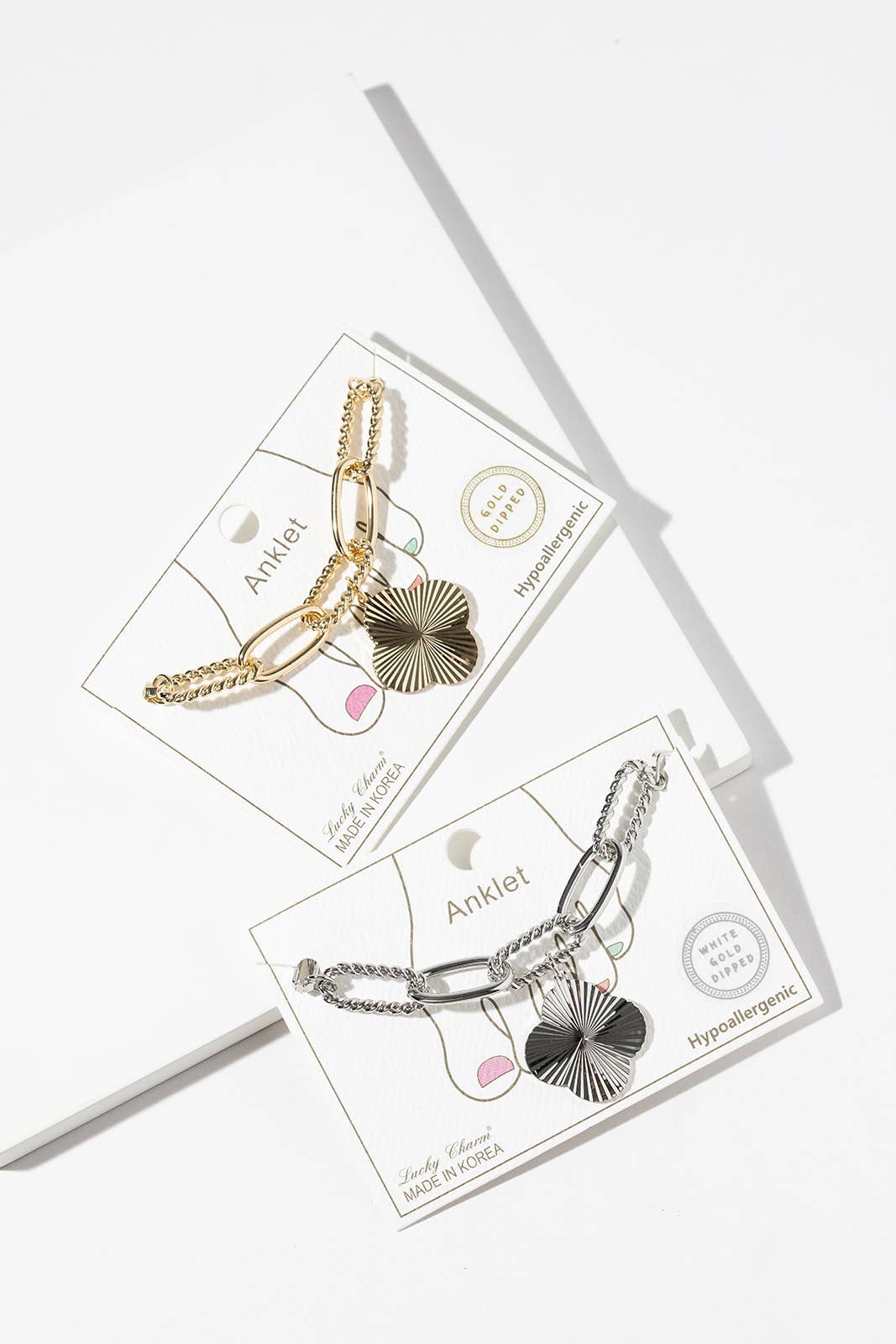 Lucky Clover Ribbed Charm Mixed Link Anklet
