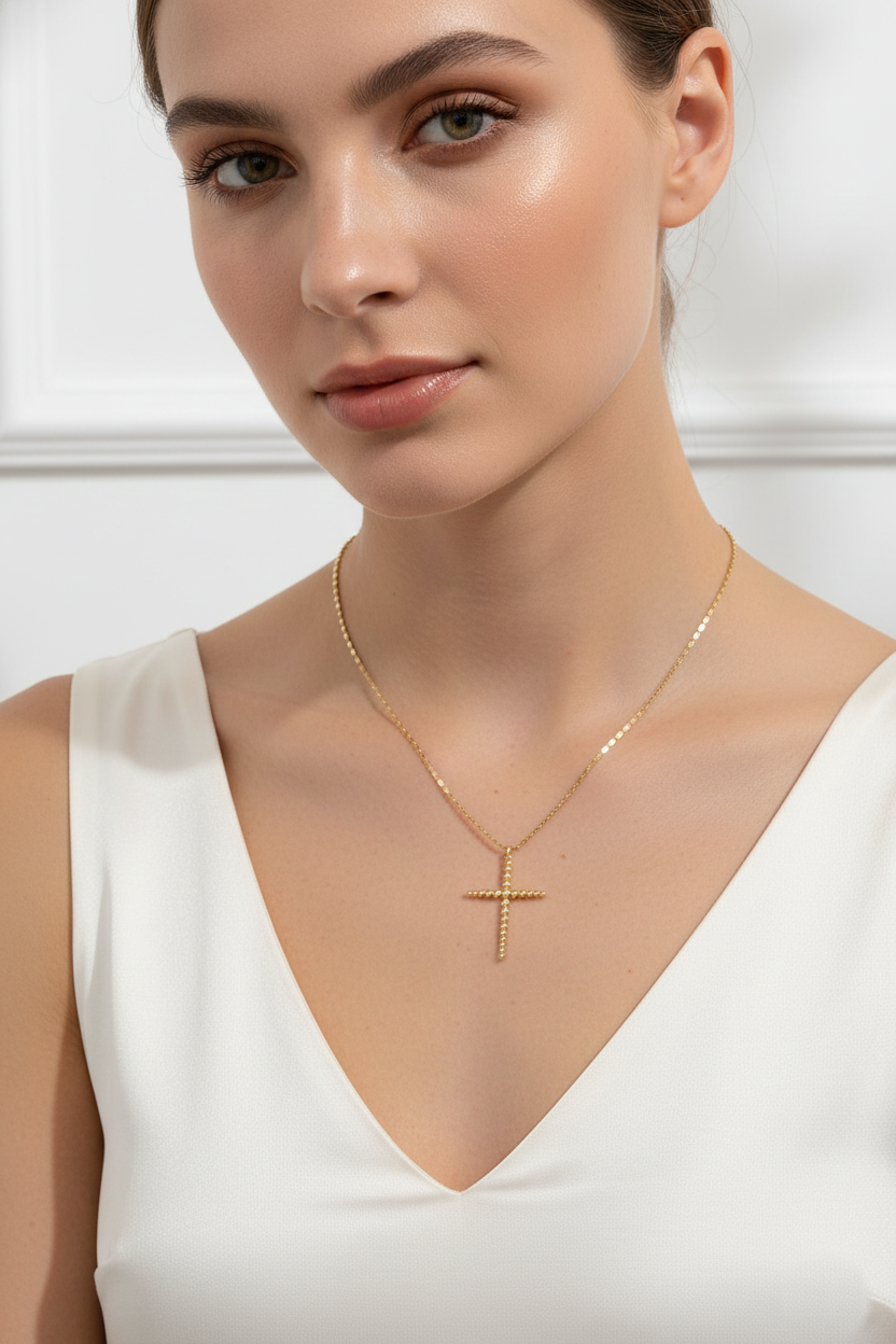 Dainty Beaded Cross Pendant Necklace.