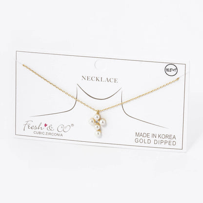 Gold Dipped Pearl & Cubic Zirconia Cross Charm Necklace