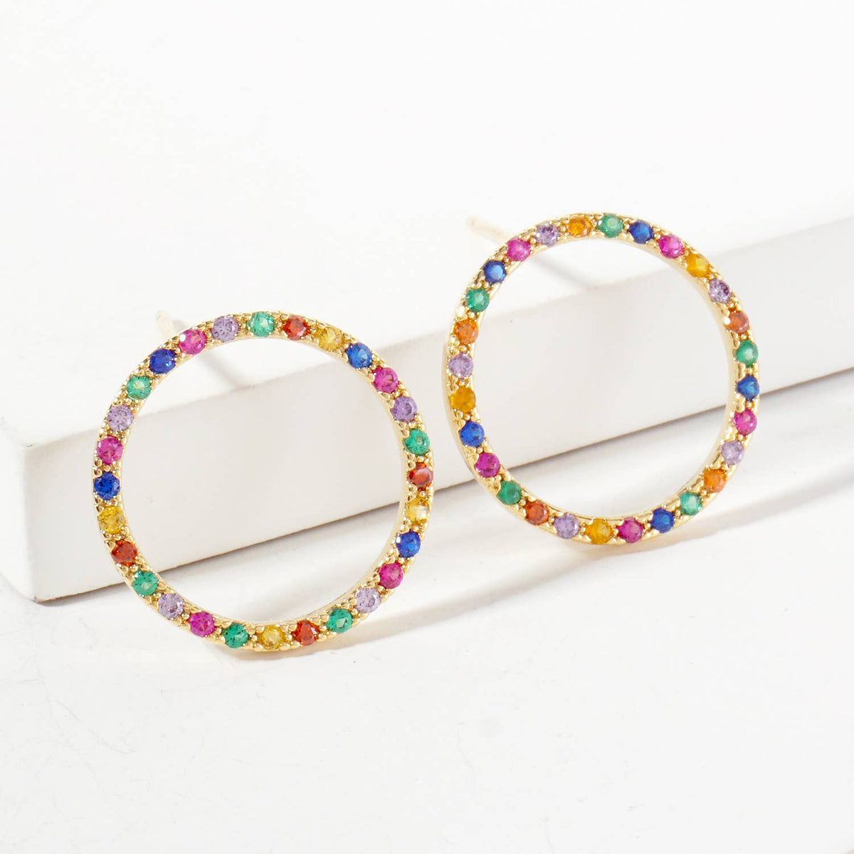 Pave-Set Delicate Circle 18K-Gold-Dipped Brass Stud Earrings