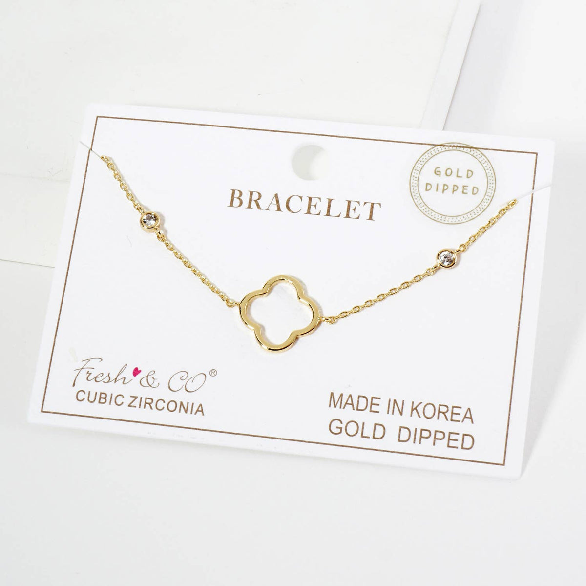 18K 15mm Quatrefoil Cutout CZ Stone Chain Bracelet