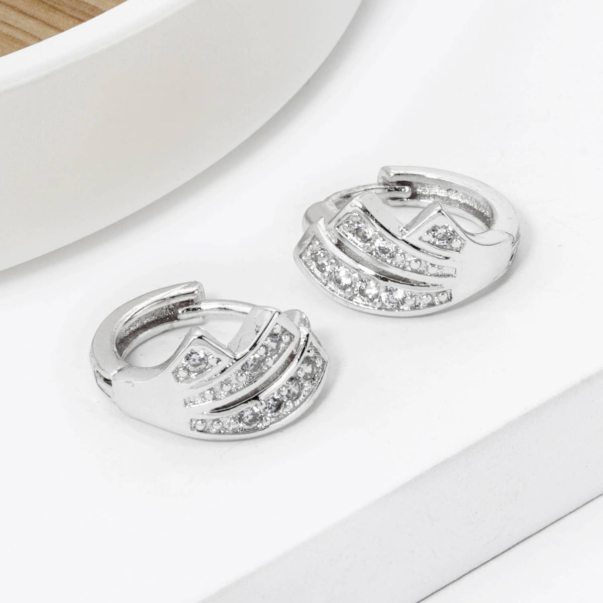 3 LINE CUBIC ZIRCONIA 12MM HUGGIE HOOP EARRINGS