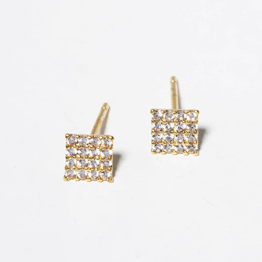 18K Gold Dipped CZ Pave Square Post Stud Earrings