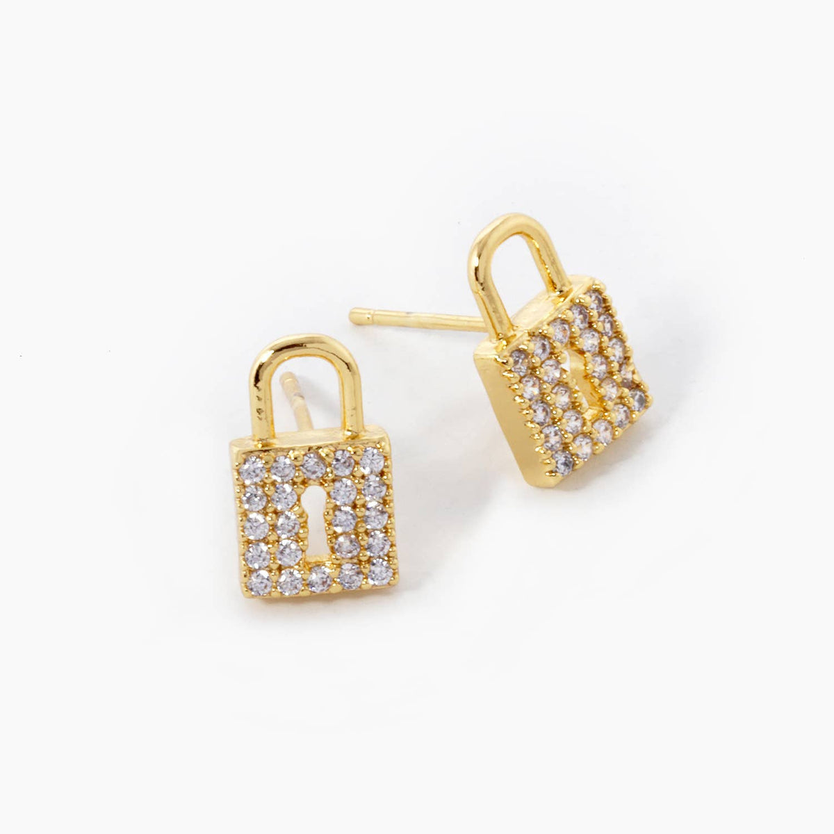 18K Gold Dipped CZ Pave Padlock Stud Earrings
