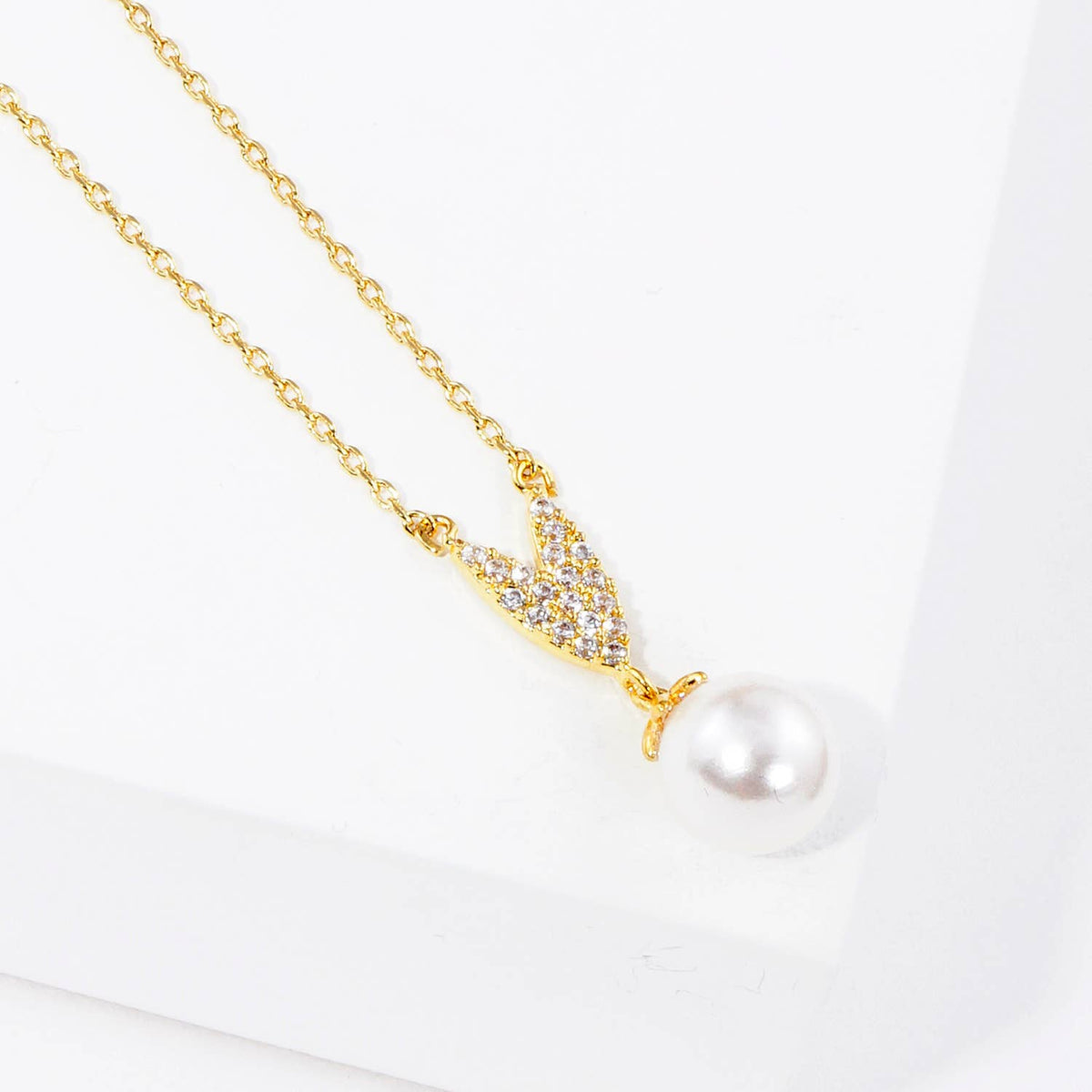 V-Shape Pavé Accent and Pearl Drop Bridesmaid Necklace