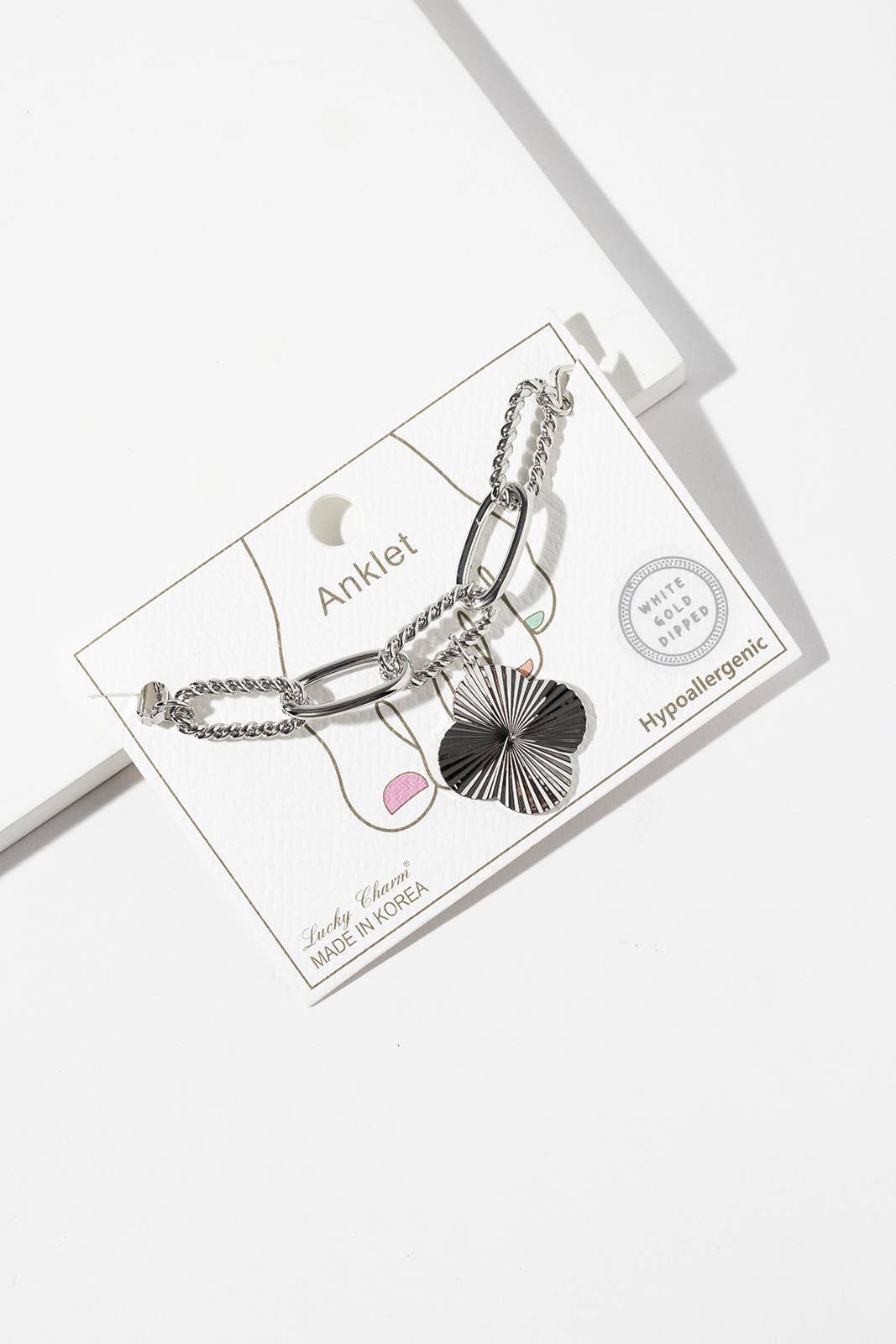 Lucky Clover Ribbed Charm Mixed Link Anklet