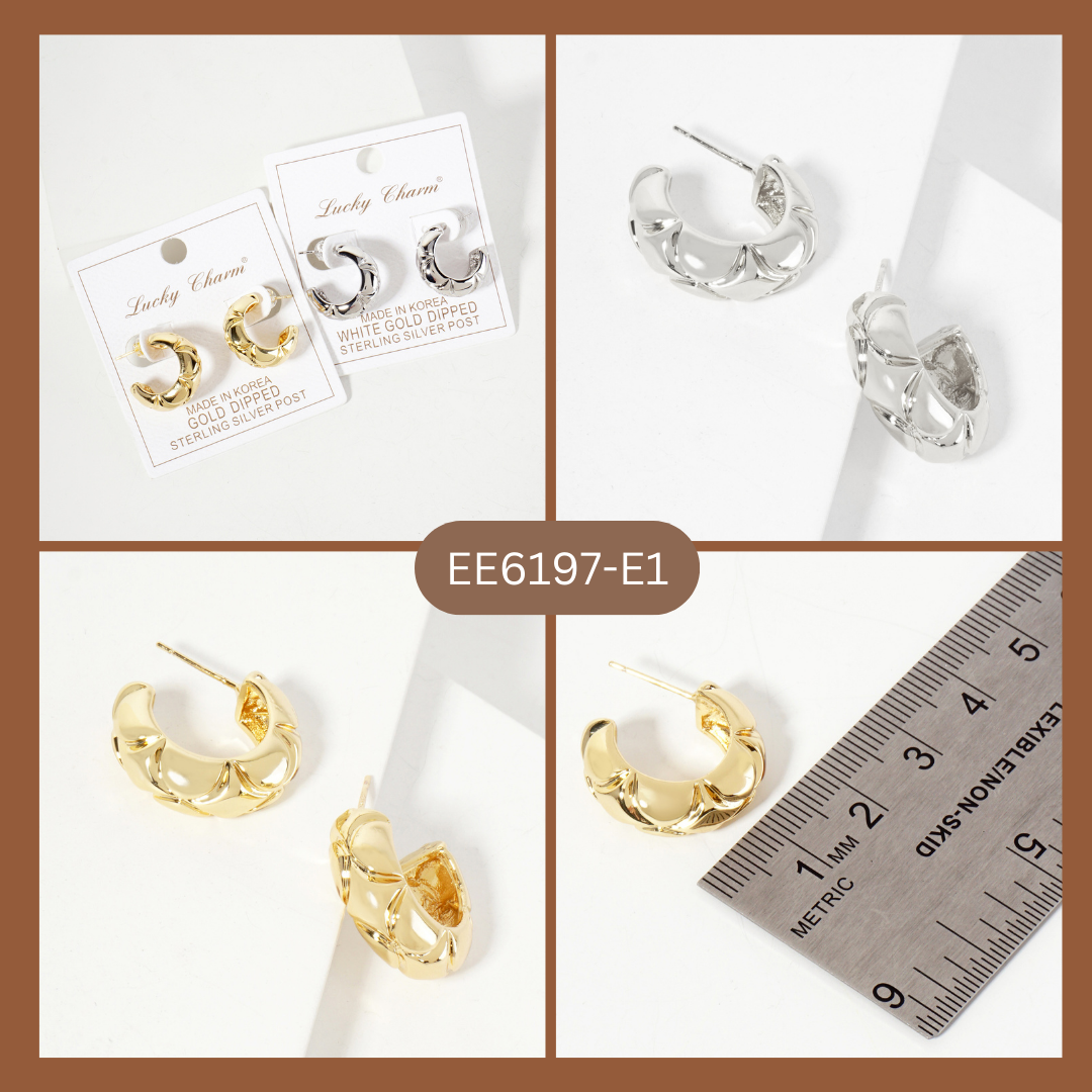 Polished Brass Diamond-Shaped Patterns Hoop Earrings