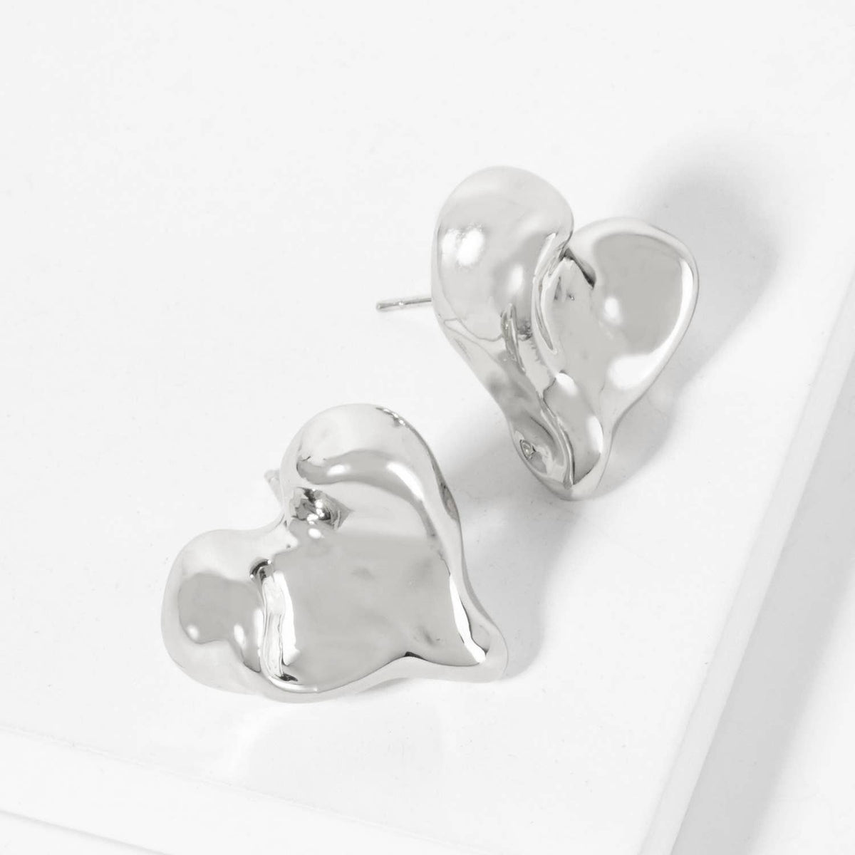Polished Brass Hand-Pressed Button Heart Stud Earrings