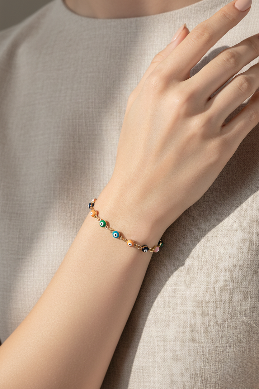 Multi-Color Enamel Evil Eye Station Bracelet