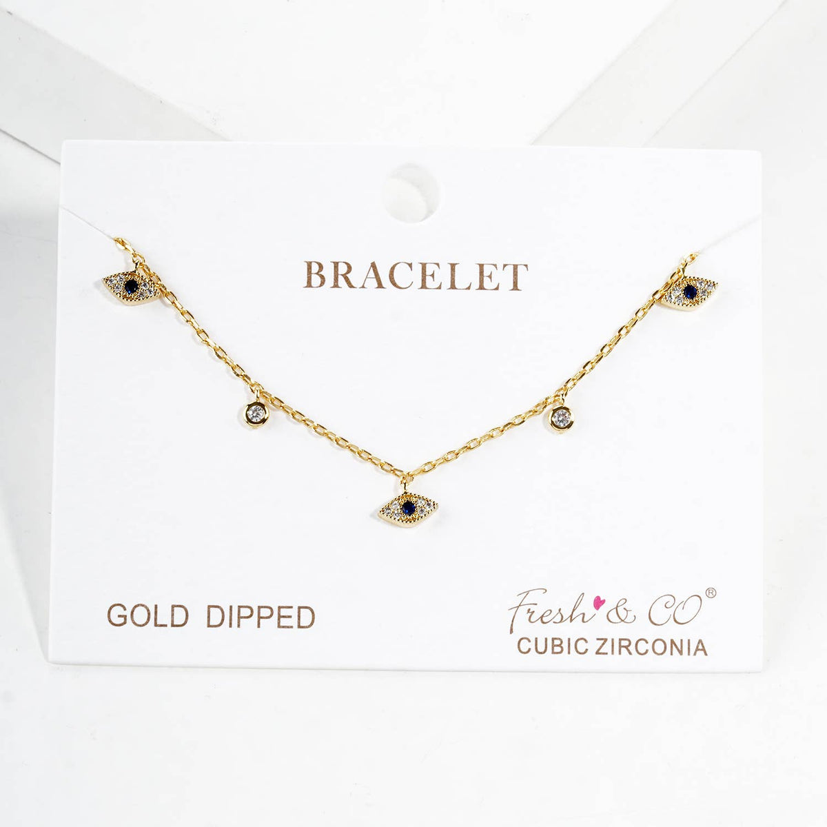 Gold Dipped Cubic Zirconia Evil Eye Charm Bracelet