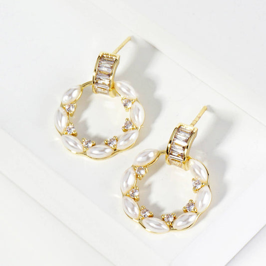 18K Gold Dipped CZ Pearl Beaded Circle Drop Post Earrings