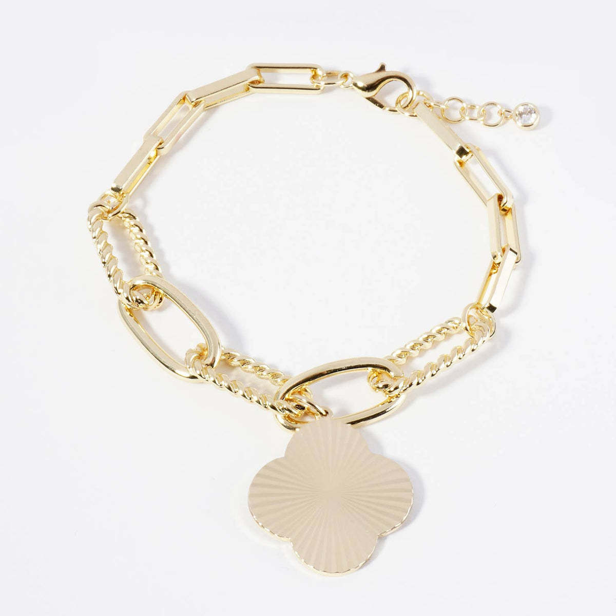 Sunburst Texture Quatrefoil Charm Link Chain Bracelet