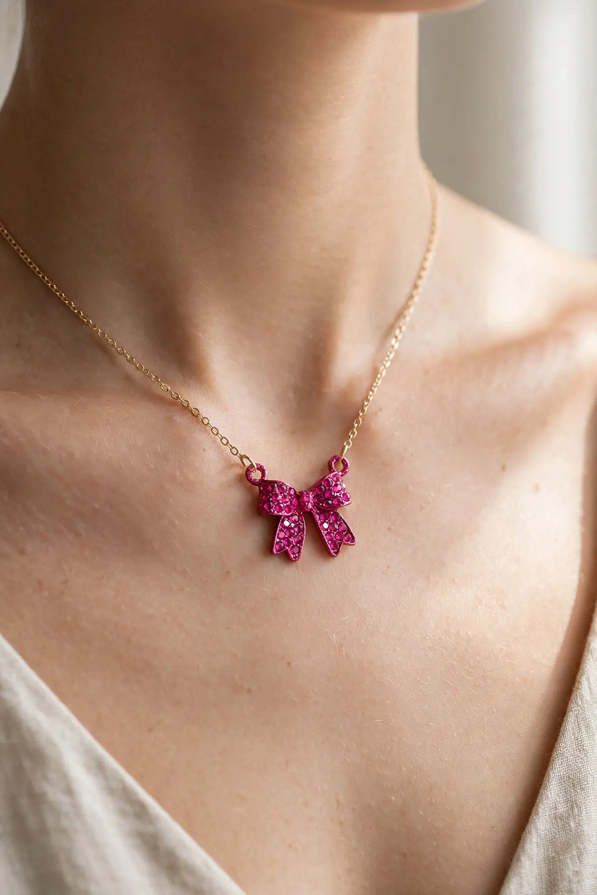Enamel Crystal Bow Pendant Necklace – Pavé Bow on Chain