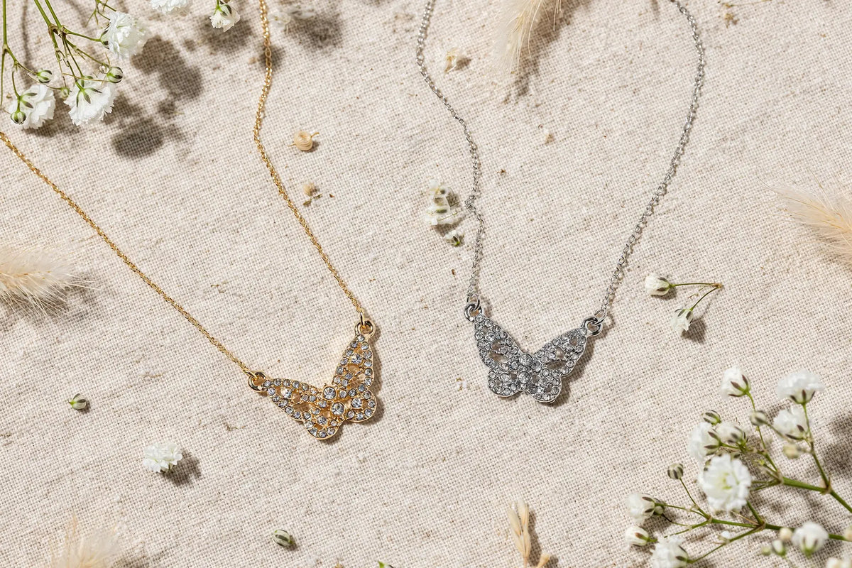 Crystal Butterfly Pendant Necklace – Pavé Filigree Butterfly