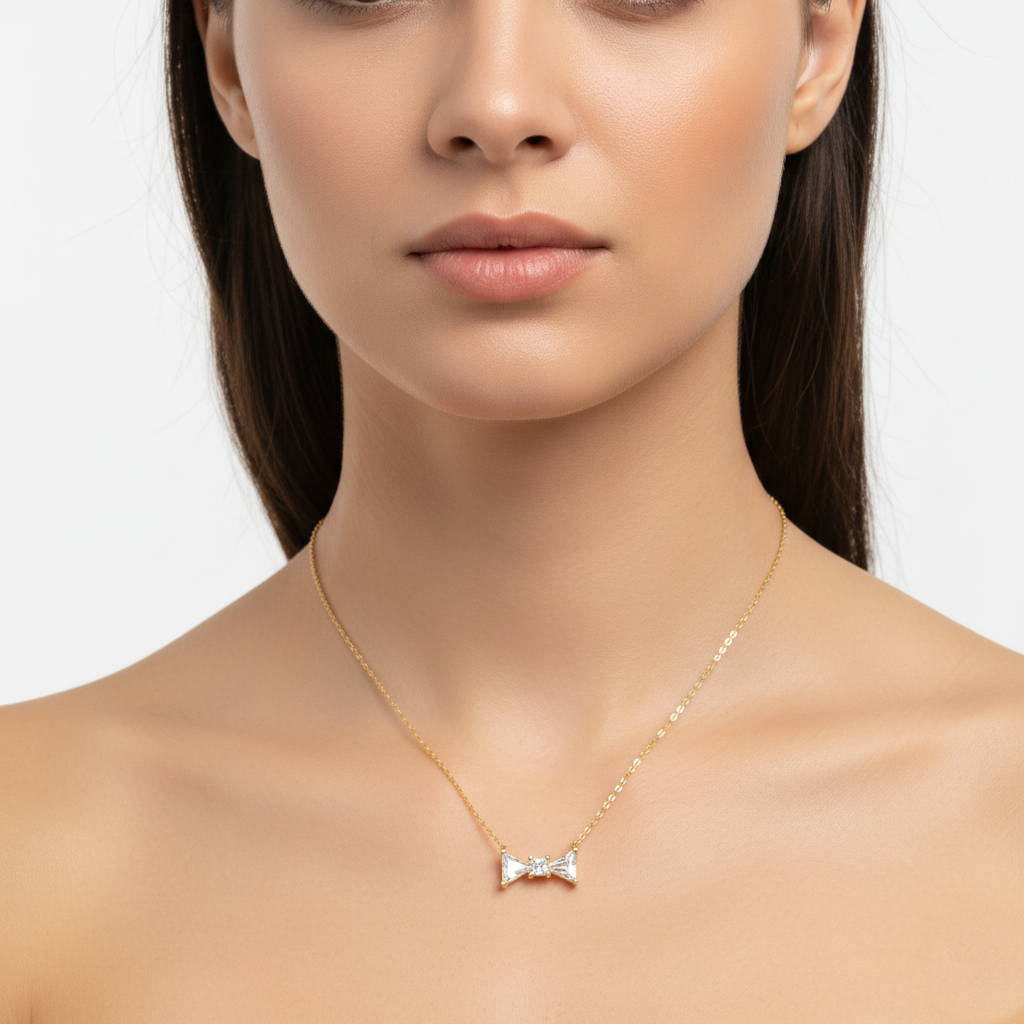 Minimalist Bow Knot Cubic Zirconia Charm Necklace