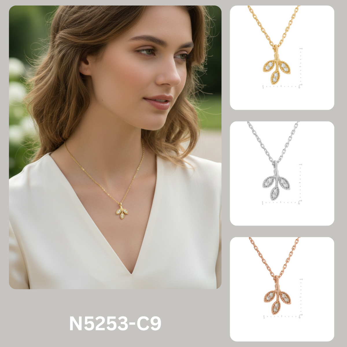 Olive Leaf Triple-Cluster Pendant Necklace