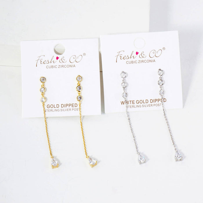 Round CZ Stone Trio with Teardrop Drop Chain Earrings