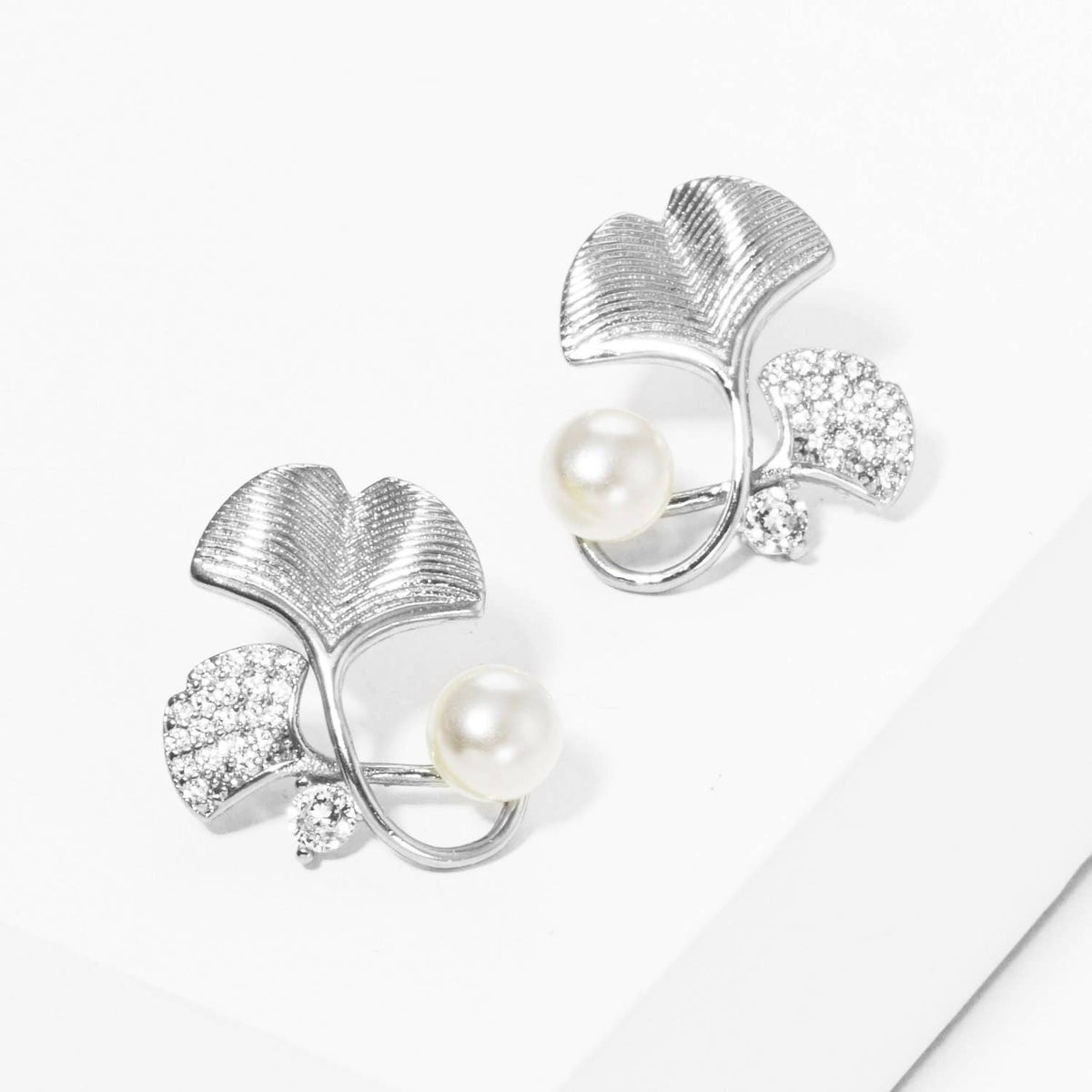 Gold Freshwater Pearl Gingko Leaf Stud Earrings
