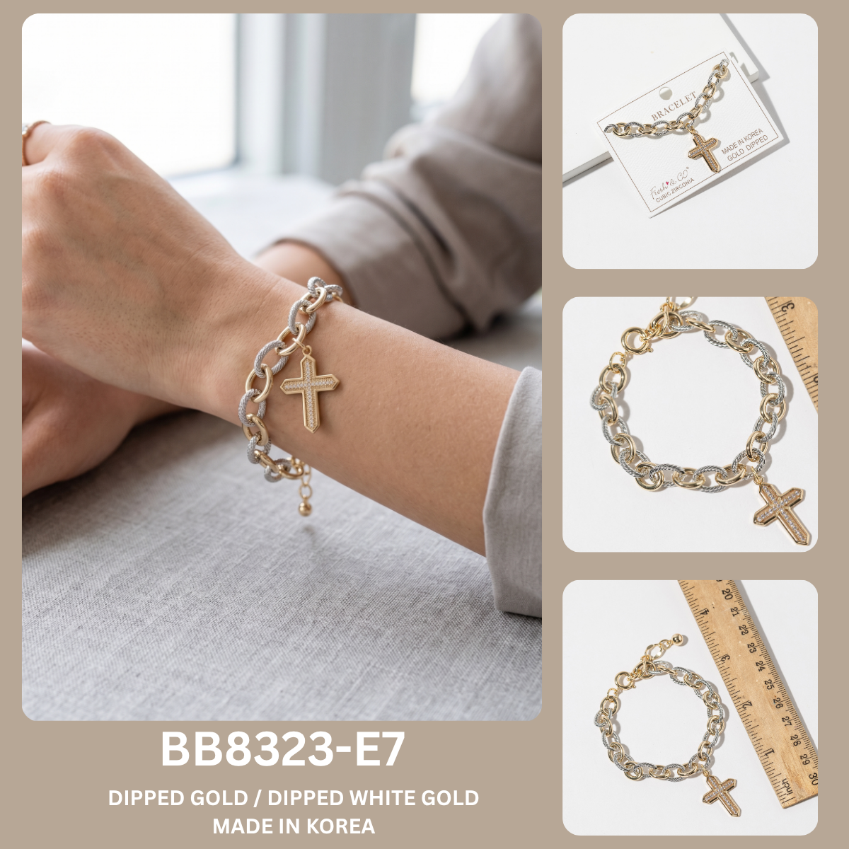 Mixed Metal Pave Cross Two-Row Link Bracelet