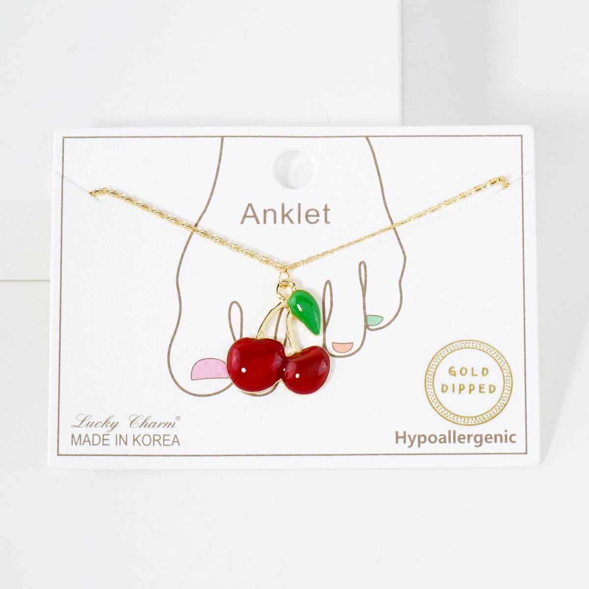 Enamel Cherry Charm Anklet in 18K Gold Plated Brass
