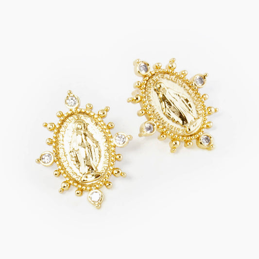 18K GOLD DIPPED CZ OVAL MIRACULOUS MEDAL RELIGIOUS STUD