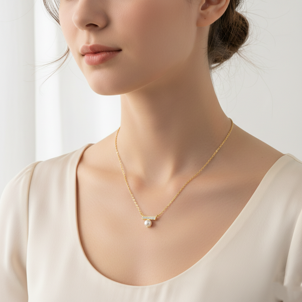 Bridesmaid Pearl & Crystal Bar Pendant Necklace