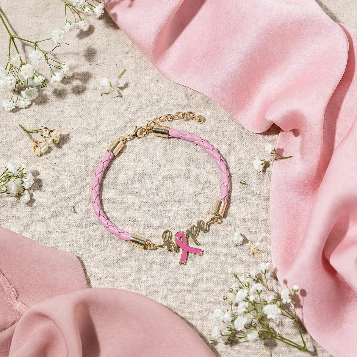Hope Pink Ribbon Bracelet – Gold-Dipped Braided Script Charm