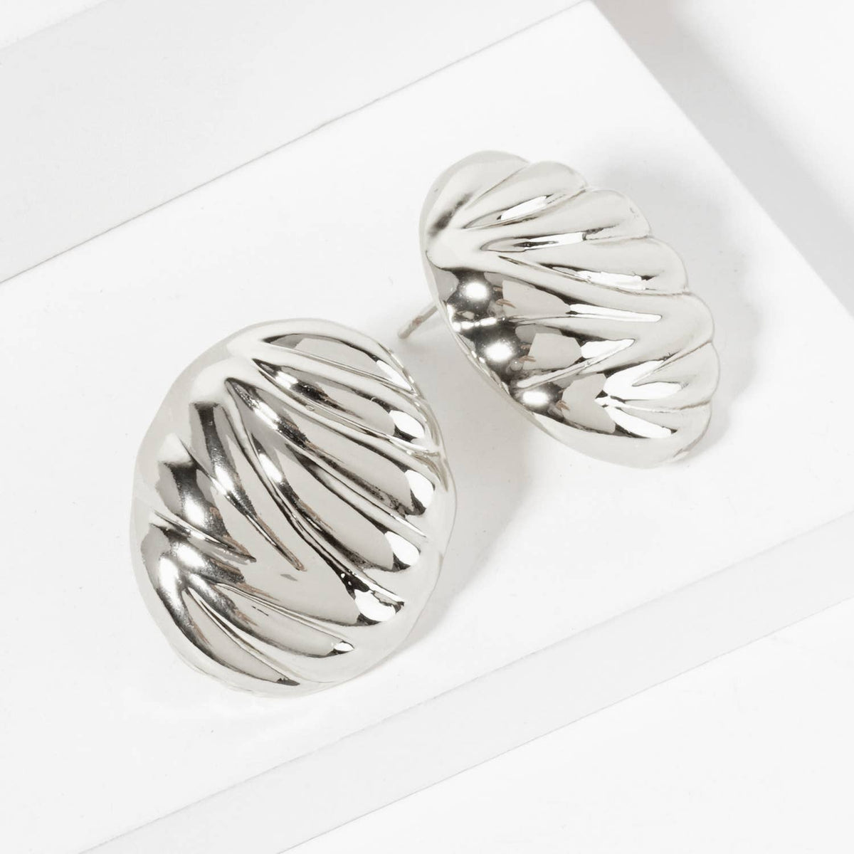 Brass Ribbed Oval-Shaped Stud Earrings