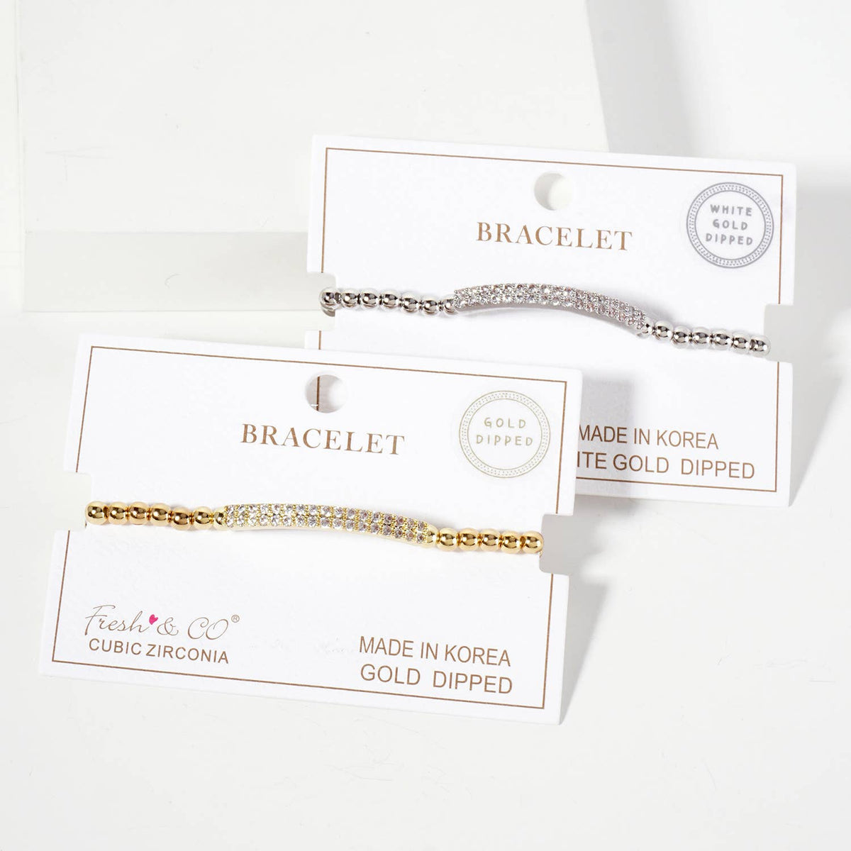 Beaded Stretch with CZ Pave-Set Curved Bar Accent Bracelet