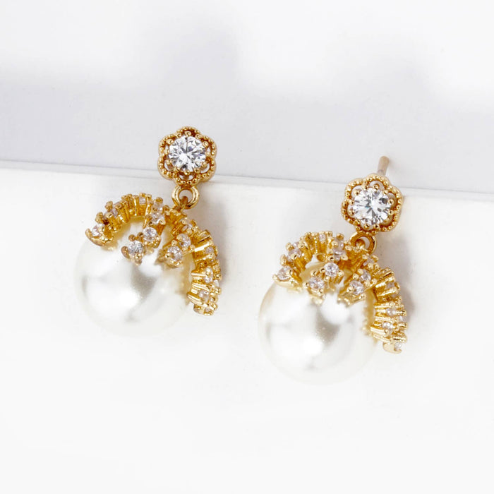 18K Gold Dipped Cubic Zirconia 10mm Pearl Dangle Post.
