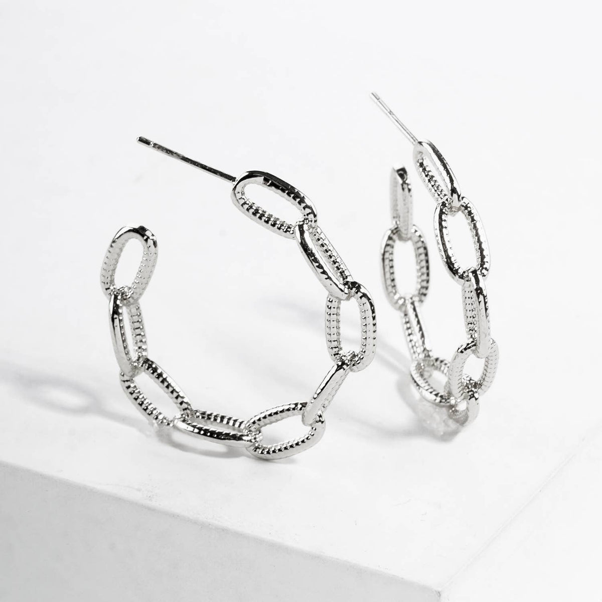 Textured Geometric Link Hoop Earrings