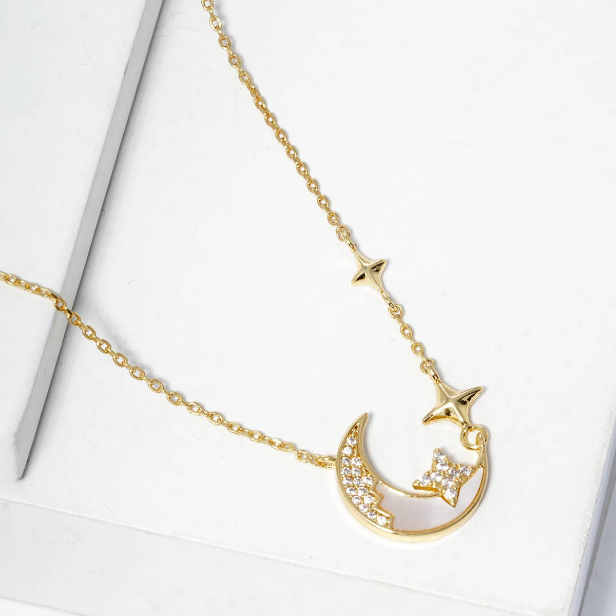 Mother of Pearl Crescent Moon and Star Pendant Necklace