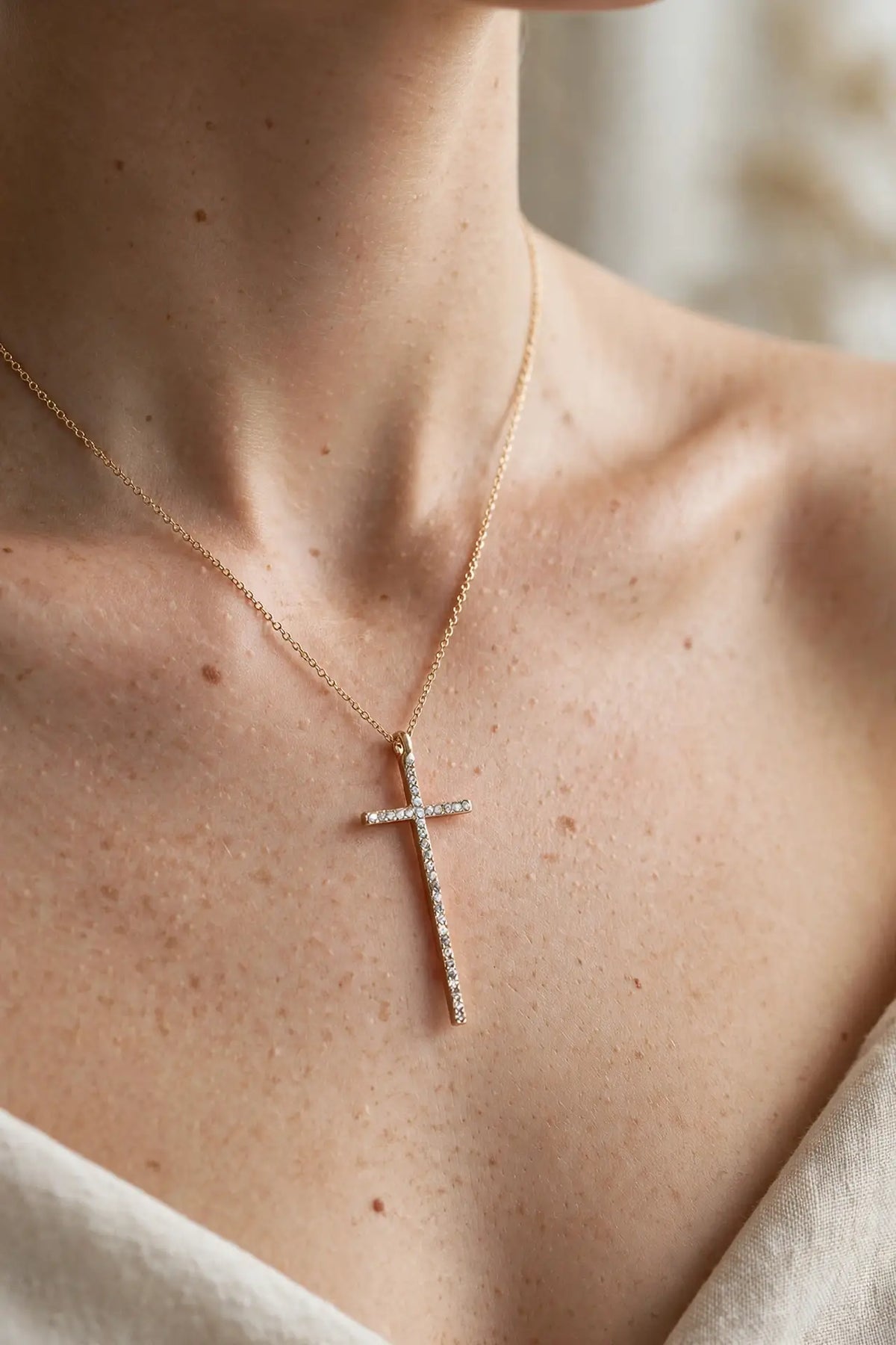 Long Crystal Cross Pendant Necklace – Full-Pavé Cross