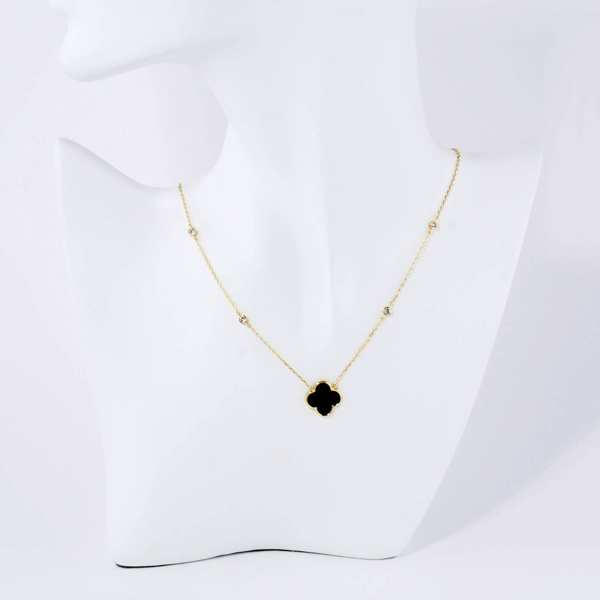 13mm Quatrefoil Pendant CZ Stone Chain Necklace / 18K Gold