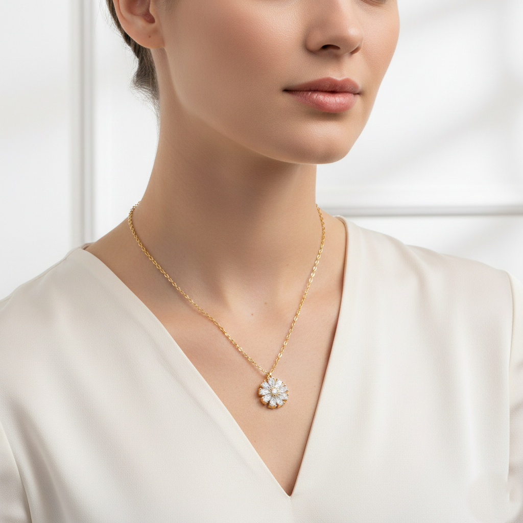 Cubic Zirconia Daisy Flower Pendant Necklace