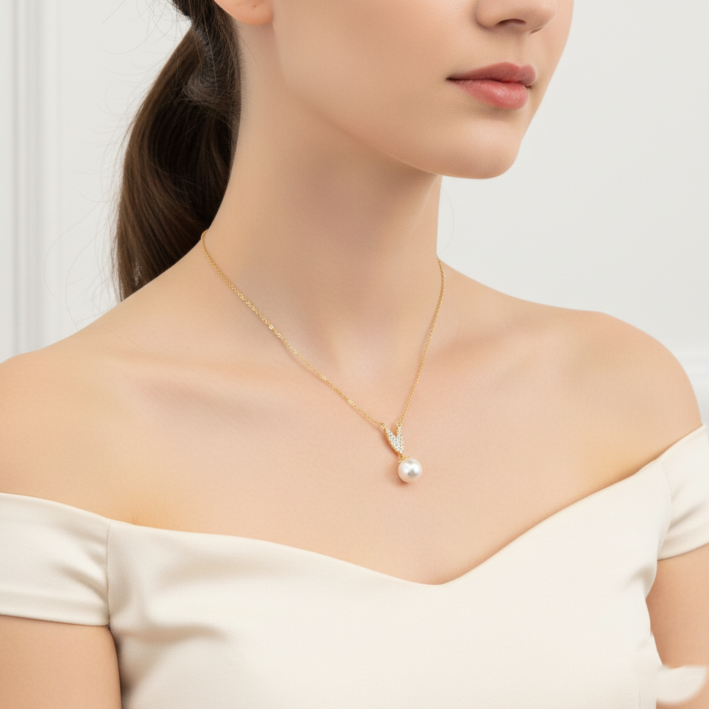 Elegant V-Shaped Pave CZ and Pearl Pendant Necklace