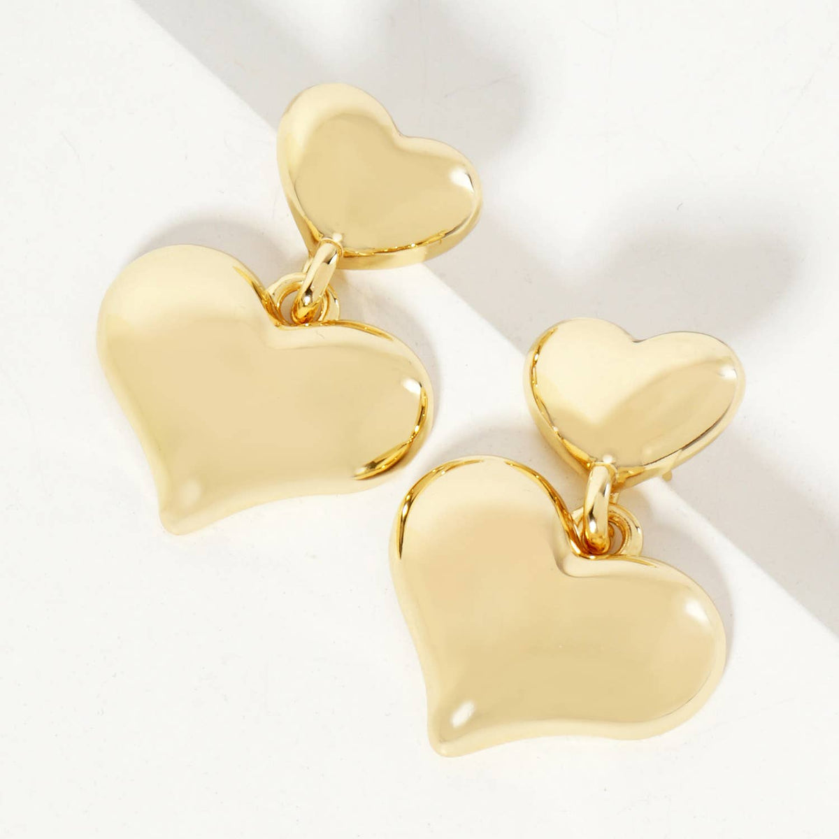 Polished Brass Double Heart Drop Dangle Earrings