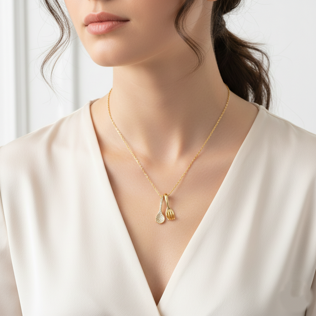 Minimalist Dipped Gold Spoon and Fork Charm Necklace