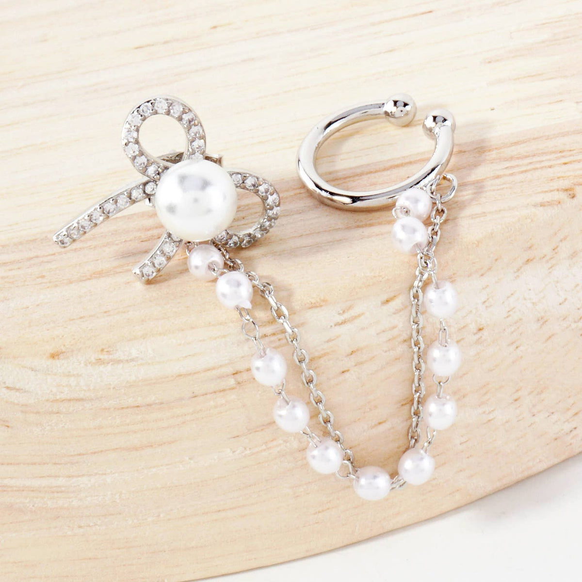Pearl Bow Stud and Ear Cuff Drape Chain Earring Set