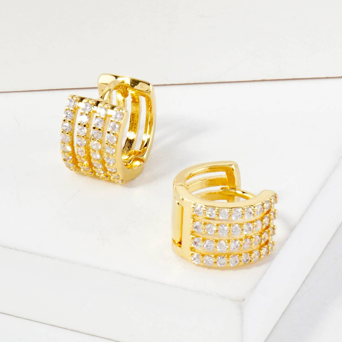 Four Cubic-Zirconia Strands 10mm Huggie Hoop Earrings