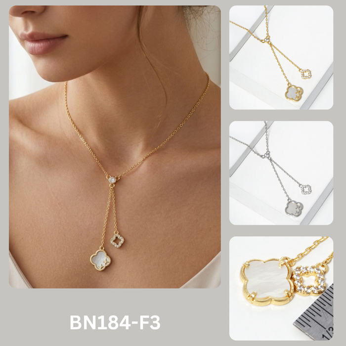 Mother of Pearl and Pave Clover Lariat Drop Necklace