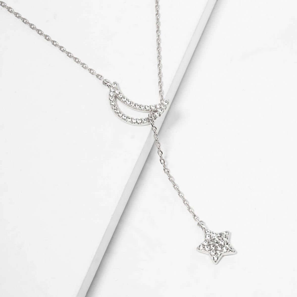 Minimalist Pave Moon and Star Lariat Necklace