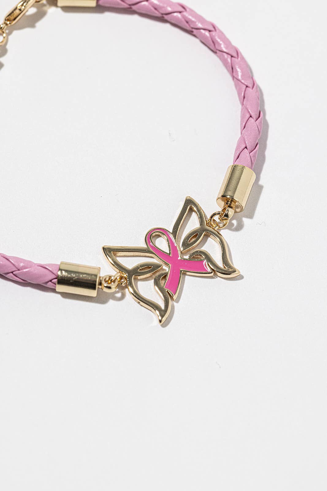 Pink Ribbon Butterfly Bracelet – Gold-Dipped Braided Charm