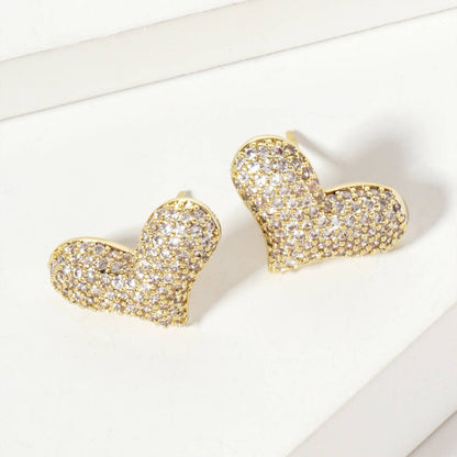 Micro-Pave-Set CZ Puffy Heart Stud Earrings