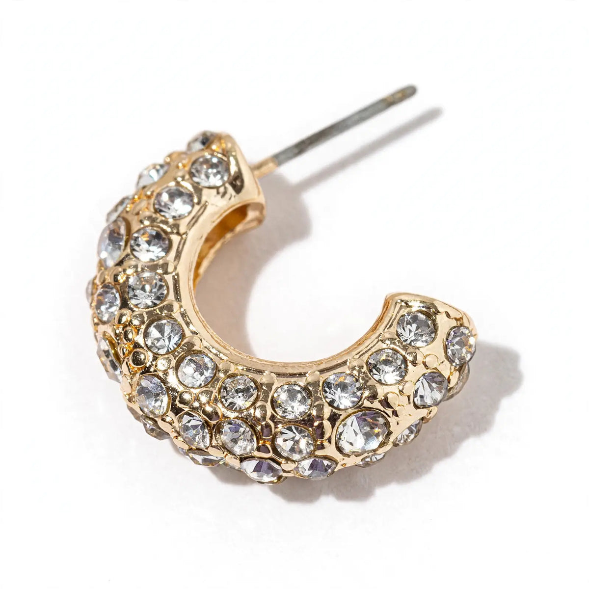 Crystal Half-Hoop Earrings – Pavé Dome Crescent, Gold