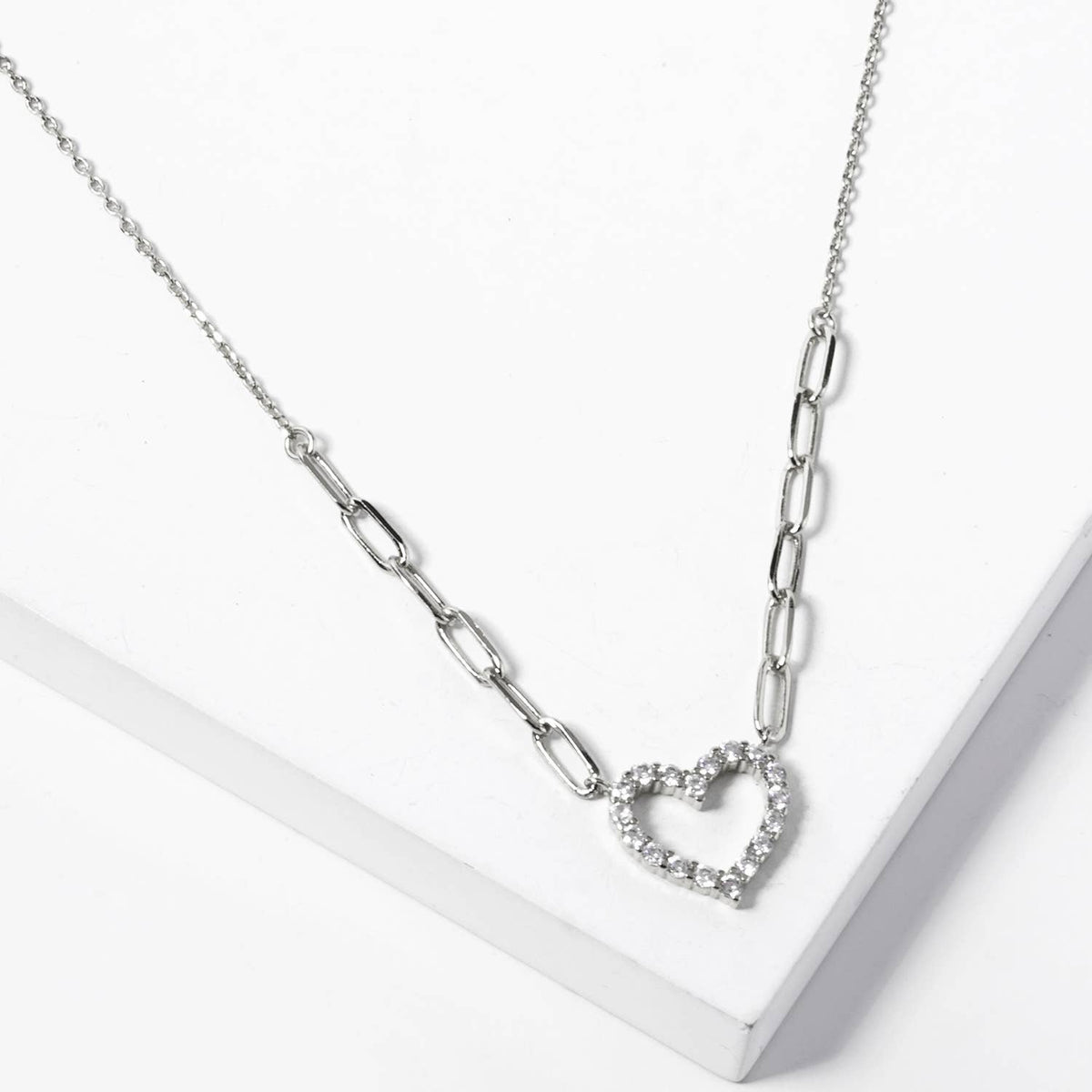Pave CZ Open Heart Link Mixed Chain Necklace