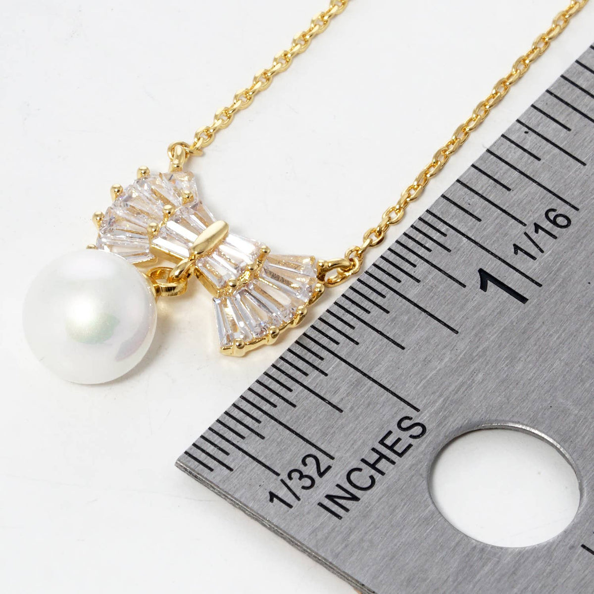 Cubic Zirconia Bow and Pearl Drop Pendant Necklace