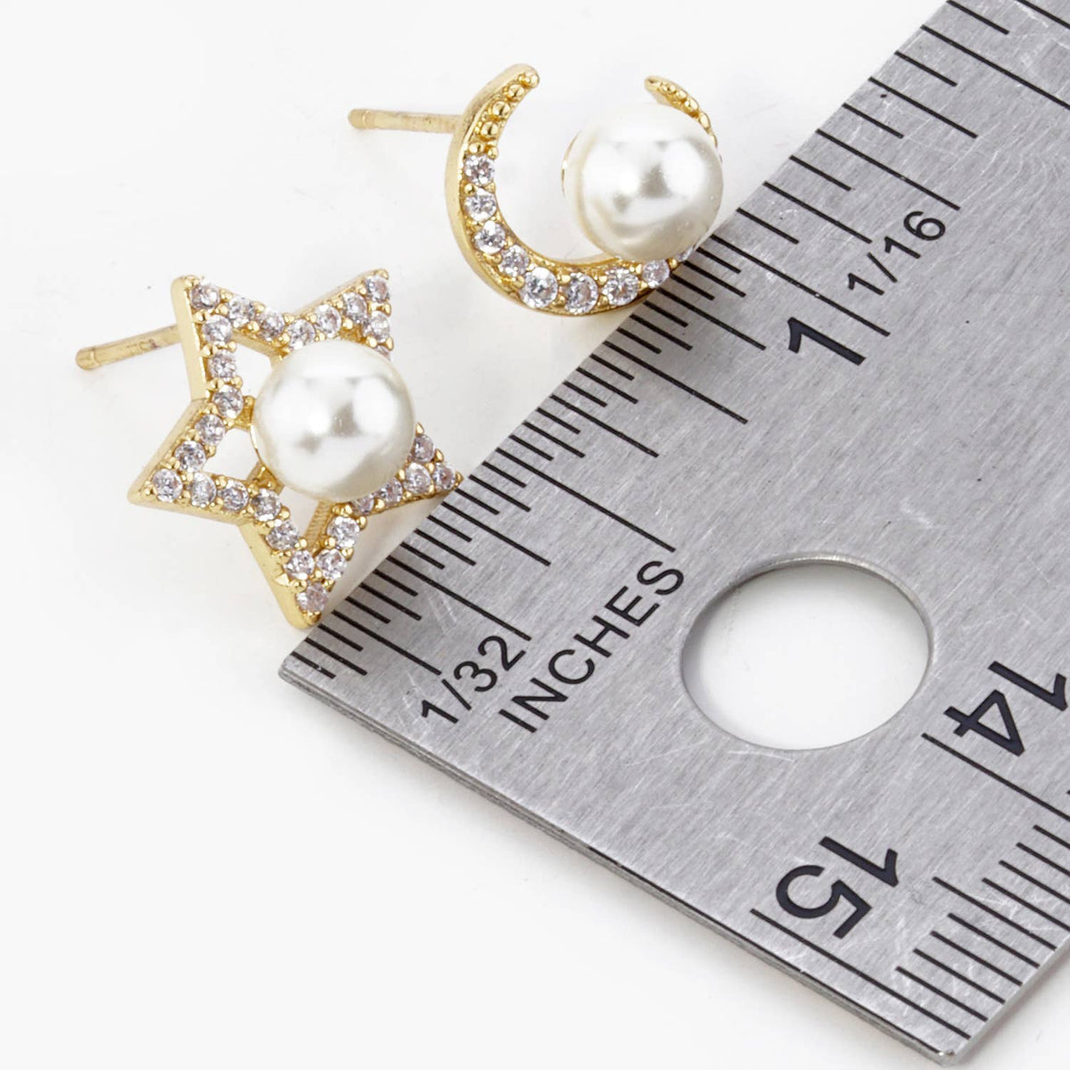 CUBIC ZIRCONIA WITH PEARL STAR AND MOON ASYMMETRICAL STUD