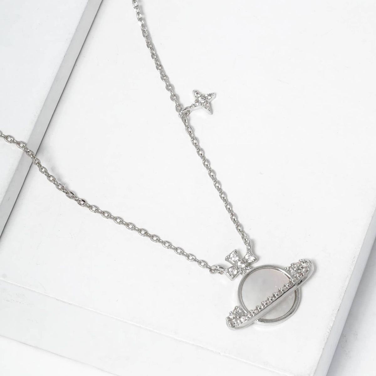 Celestial Saturn Mother of Pearl Charm Necklace