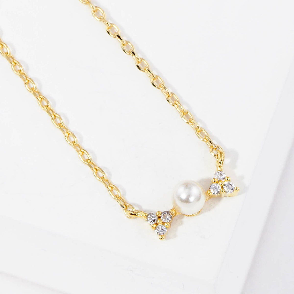 Dainty Crystal Bow & Pearl Charm Pendant Necklace